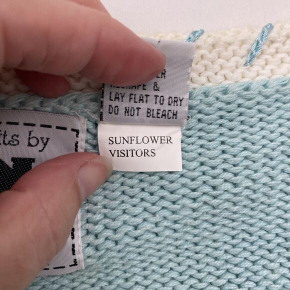 Storybook Knits Sweater Cardigan Womens 2X Blue Sunflower Bee Ramie Cottagecore - Picture 9 of 12